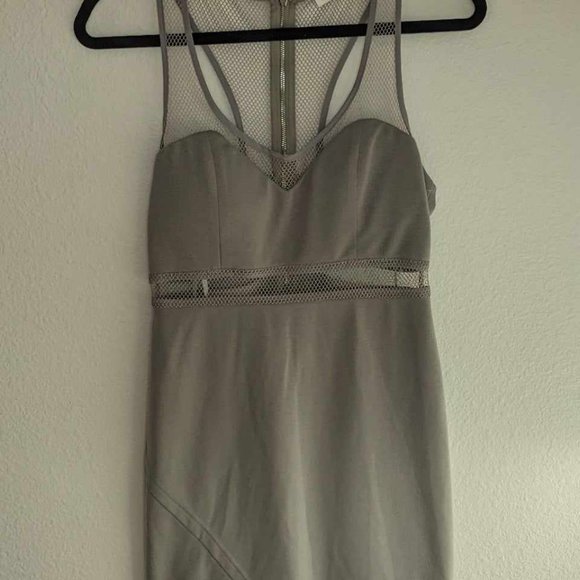 Grey mini dress with mesh and asymmetrical hem. S - Picture 9 of 9